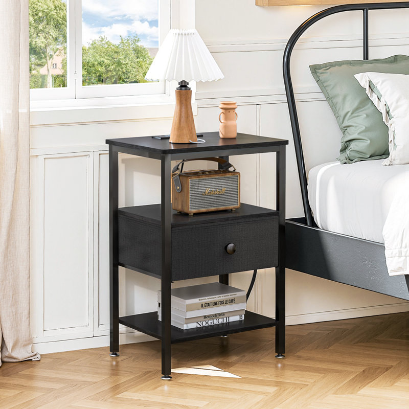 End Table With Charging Station, Slim Nightstand With Fabric Storage Drawer, Wood Side Table For Small Space, Living Room, Bedroom