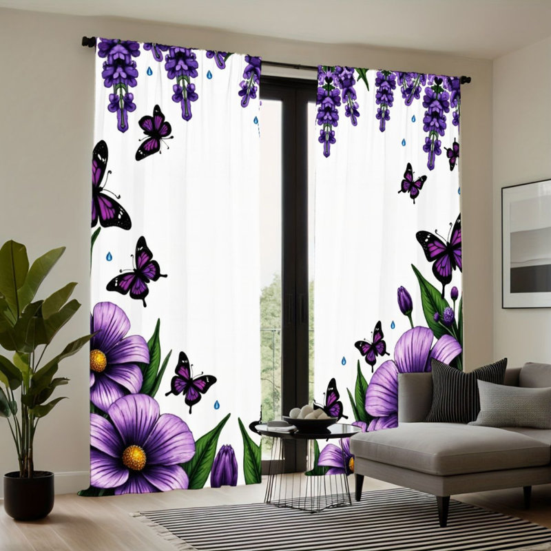 2Pcs Beautiful Purple Flowers Butterflies Curtains, Rod Pocket Sun Blocking, Floral Nature Style, All-Season For Living Room Bedroom Study Window Decor