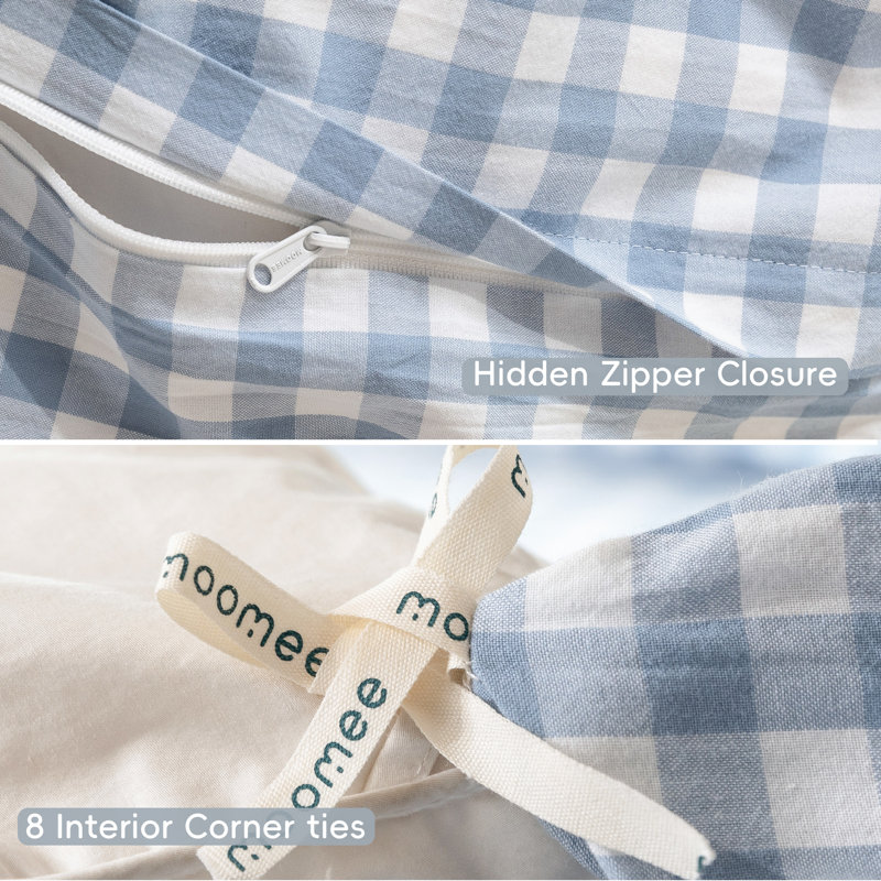 MooMee Gingham Duvet Cover Set 100% Washed Cotton Linen Like Lightweight, Queen Duvet Cover + 2 Standard Pillowcases