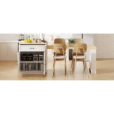 Îlot de cuisine de 82,7 pouces avec table de salle à manger extensible pour 4 à 6 personnes, table de cuisine avec rangement double, prise de courant, îlot de cuisine avec rangement 2 tiroirs et 2 tablettes latérales ouvertes