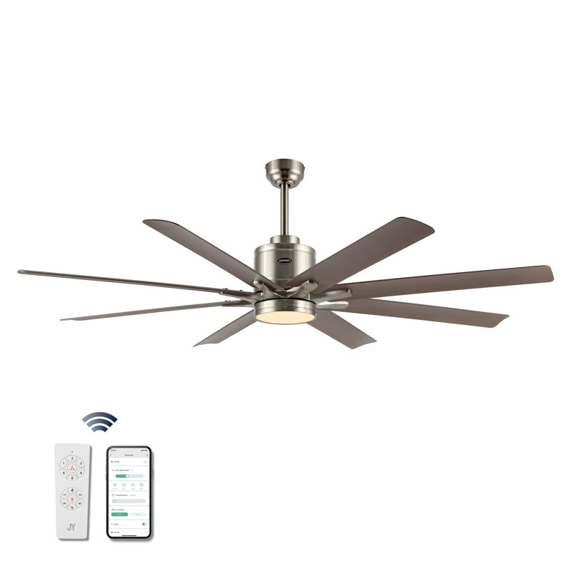 Ventilateur de plafond 66 pouces à 8 pales avec télécommande et ensemble d'éclairage inclus, Nickel avec pales en bois gris