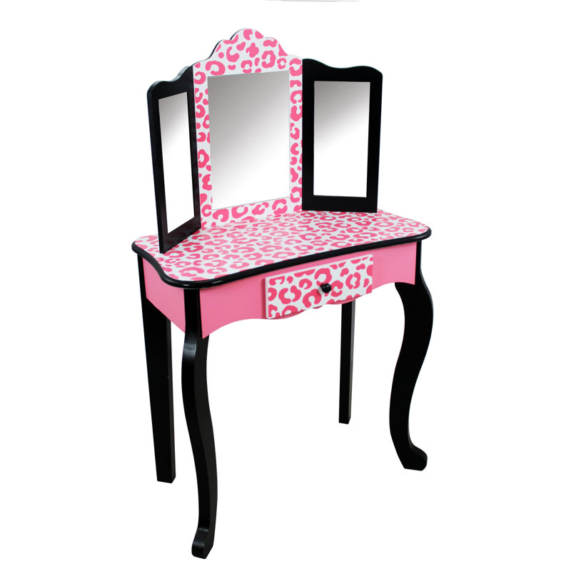 Teamson Kids Gisele Wooden Play Vanity Set with Tri-Fold Mirror, Storage Drawer, Matching Stool and Kids Makeup Table for Ages 3+