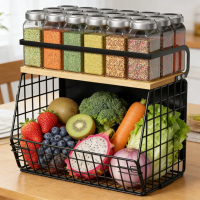 Tablette de rangement magnétique pour réfrigérateur et cuisine, bacs multi-usages avec couvercle en bois pour les fruits, légumes, épices et accessoires