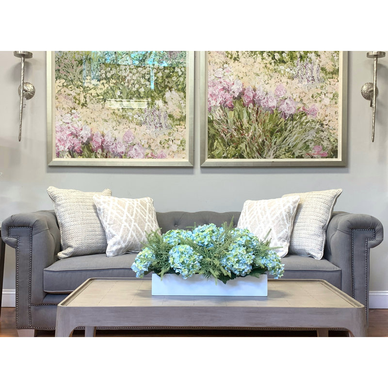 Arrangement de hortensias artificiels en polysilk en pot de fibres, Bleu et vert