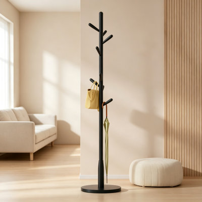 Freestanding Solid Wood Coat Rack, Round Base Hall Coat Tree with 8 Hooks + 2 Spare Hooks, Rubberwood Hooks, Base & Pole, Black Finish, for Coats, Hats, Bags & Purses, Ideal for Entryway and Hallway