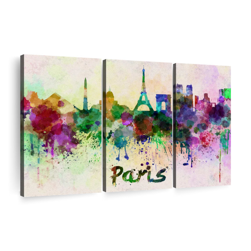 Paris Skyline Colors - Ensemble de 3 toiles tendues, H 42 po x l 65 po x P 1,25 po