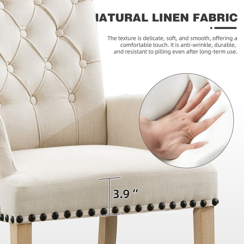 Chaise de salle à manger à haut dossier classique avec revêtement capitonné et garnitures cloutées, Lin beige