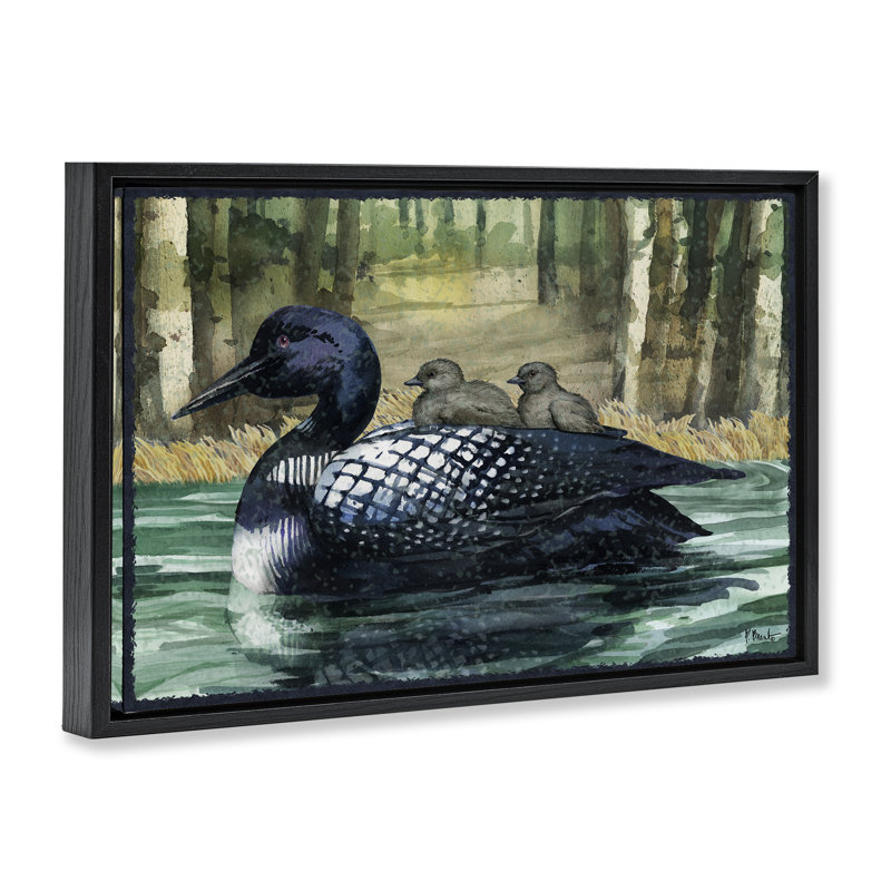 Famille flottante sur un cadre flottant Loon, par Paul Brent, H 17 po x l 25 po, Cadre flottant noir de jais