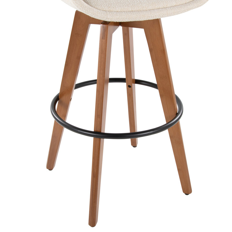 Tabouret de bar 29 po à hauteur fixe avec pivot en bambou noyer et tissu crème avec repose-pieds rond en métal noir, Cream