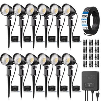 Paquet de 12 lumières de paysage à basse tension 12W à DEL avec transformateur, marche / arrêt automatique Dusk to Dawn, blanc chaud 1200LM 2700K, lumières de jardin IP66 imperméables pour arbres de sentier de jardin