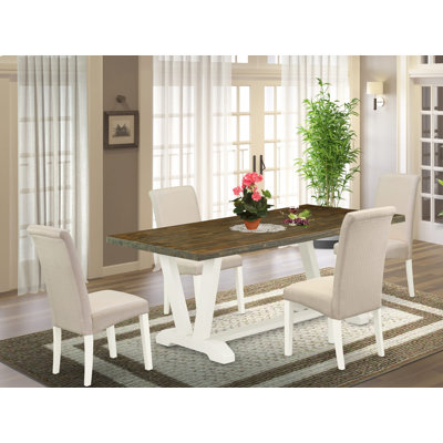 5-Piece Modern Dining Set Consists of a Distressed Jacobean Dining Room Table and 4 Cream Linen Fabric Parson Chairs with High Back - Wire Brushed Linen White
