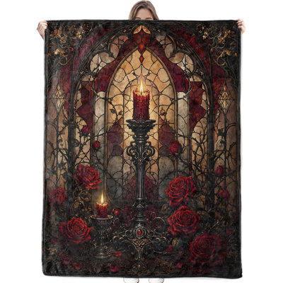 Plaid en flanelle à motif de roses en verre colorées, style gothique, 152 x 203 cm
