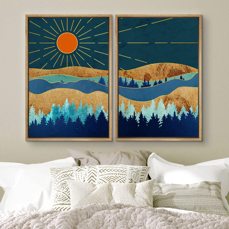 Sun Mountain Range " Shining Sun Over Gold Blue Granite " 2 - Pieces