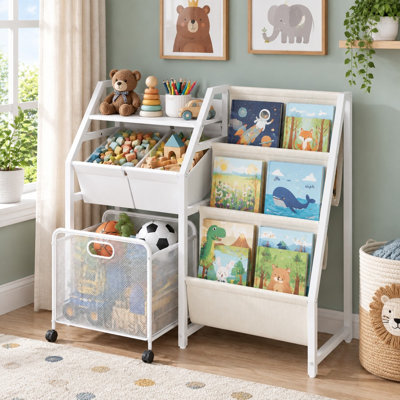 Un tiroir mobile et 2 bacs à jouets joignent 3 niveaux de bibliothèque sur cet organisateur blanc pour enfants pour les salles de classe, les salles de jeux ou les chambres à coucher.