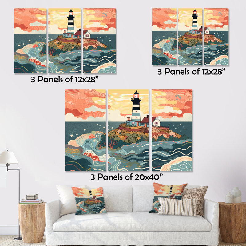 «Coastal Guiding Light I» sur toile, reproduction de 3 pièces, H 28 po x l 36 po x P 1 po