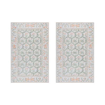 Rayna Altair Green Peach Ivory Transitional Bold Floral Border Washable Flat Weave Indoor Area Rug