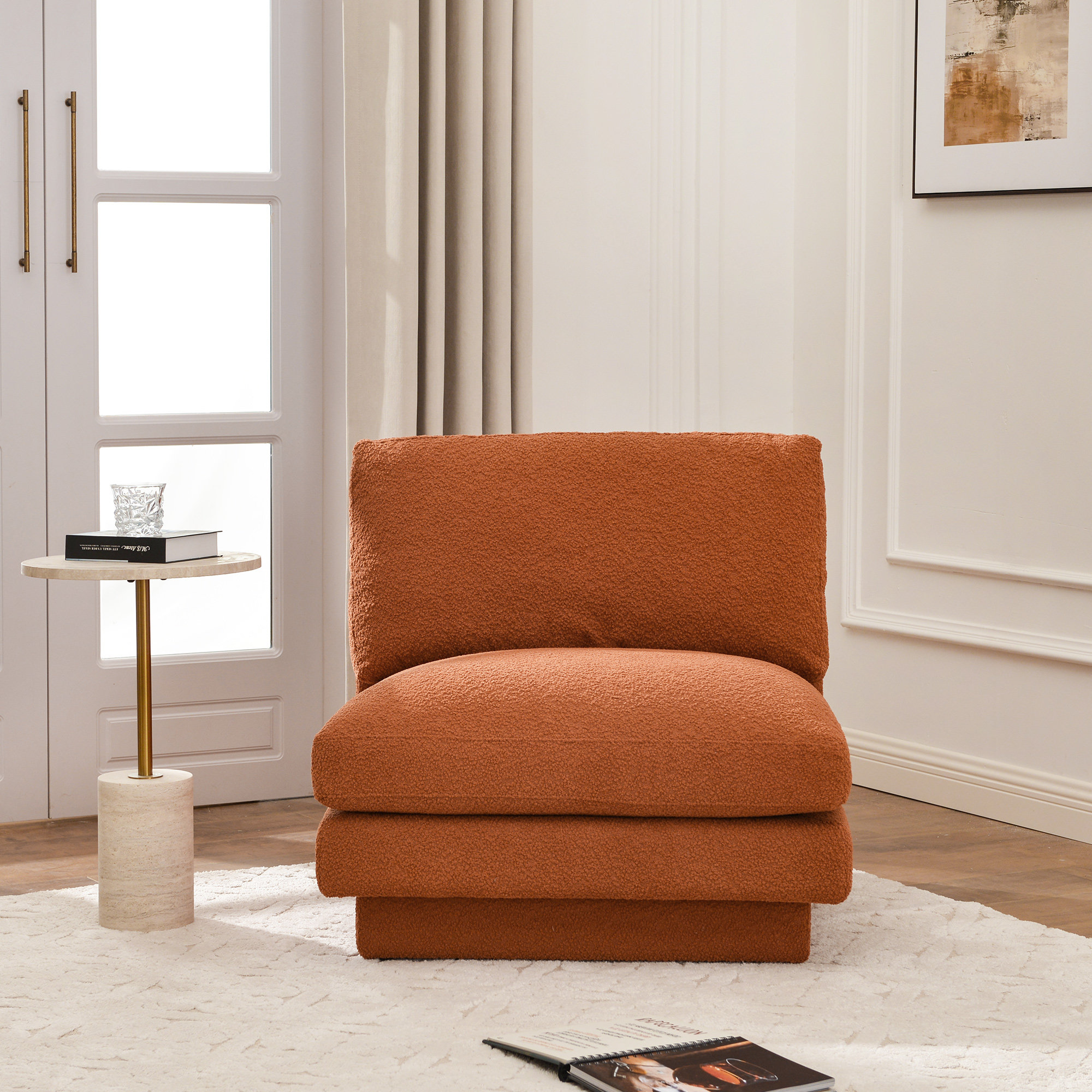 Woolf 34" Modern Boucle Upholstered Slipper Chair, Caramel Boucle
