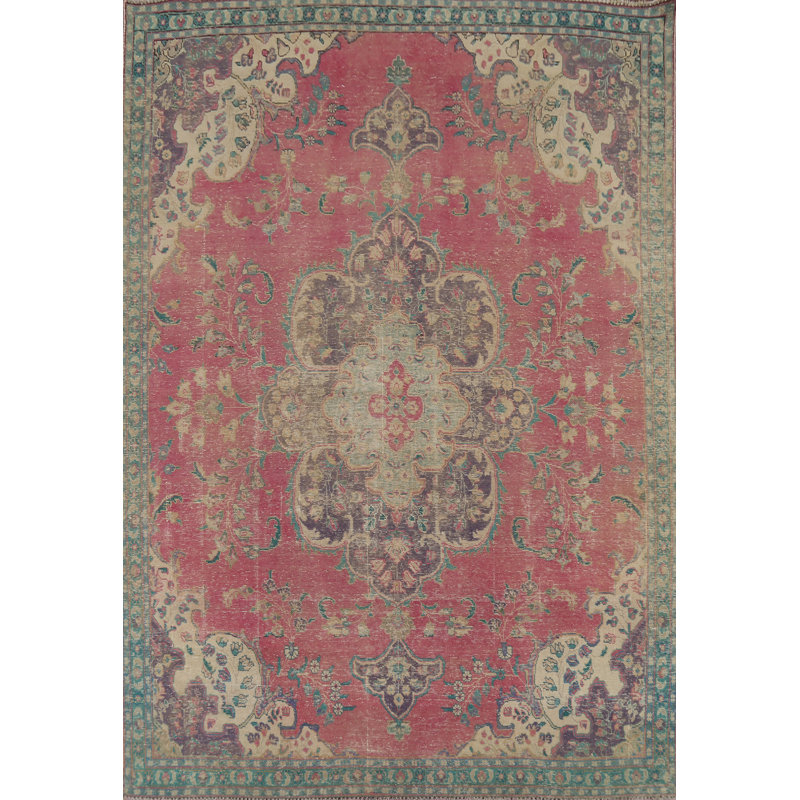 Tapis traditionnel rose fait à la main 7 x 10