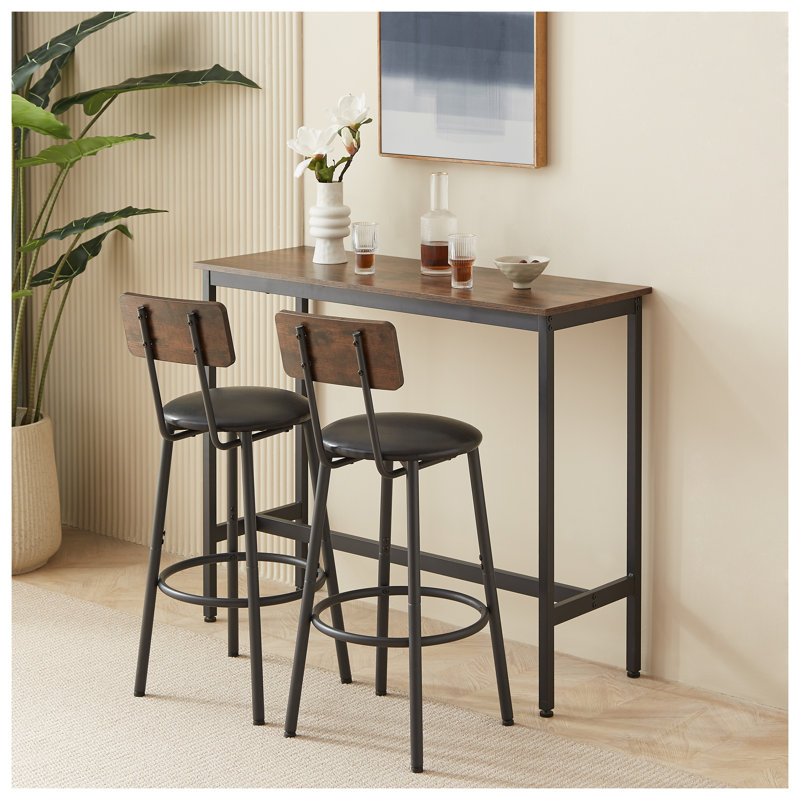 Rustic Brown 3-Piece Bar Table Set with 2 PU Upholstered Stools and Backrests