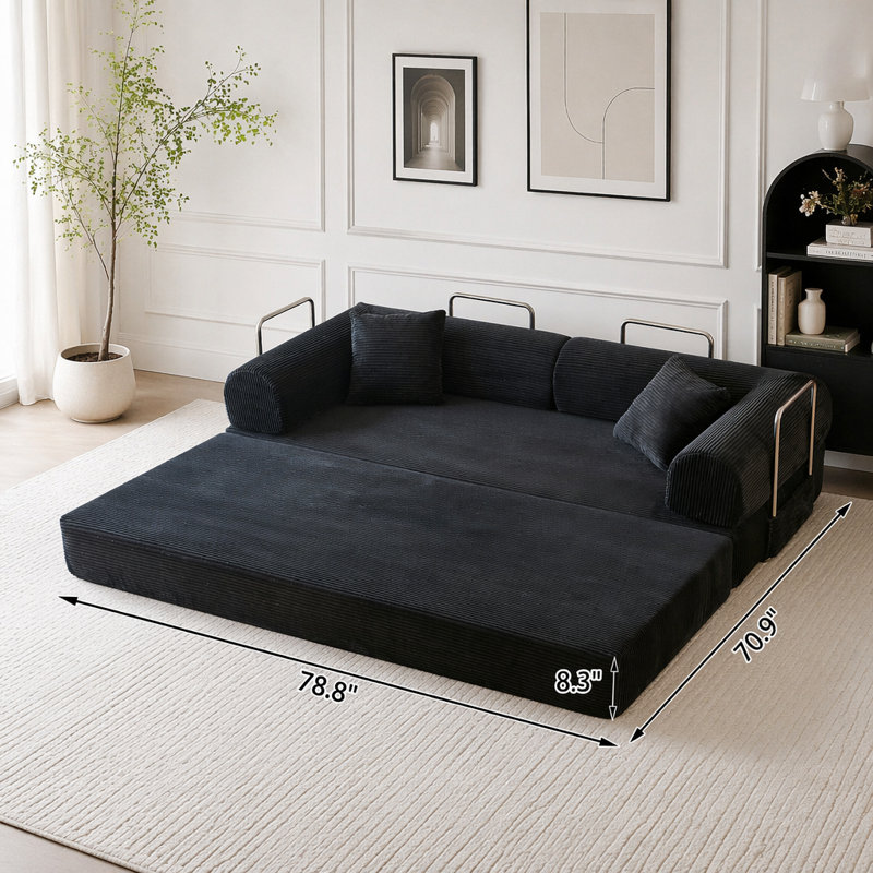 Canapé-lit convertible au sol avec velours côtelé et tiges de soutien, aucun assemblage requis, Tissu noir