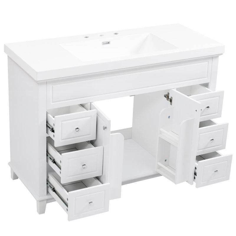 Meuble-lavabo 48 po avec lavabo en résine, 6 tiroirs à fermeture en douceur et portes doubles avec tablettes à 2 niveaux, pieds en pin massif
