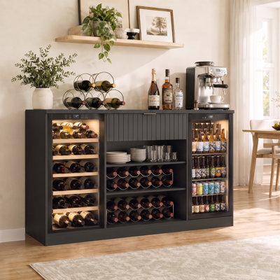 70" Bar Cabinet with 2 Mini Fridge Space, Fluted Mini Fridge Cabinet with 2 Power Outlets & Wine Racks, Glass Holder