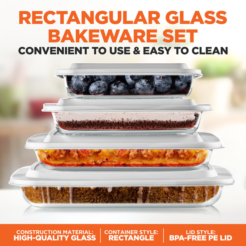 White Borosilicate Glass Rectangular Bakeware Set with BPA-Free Lids