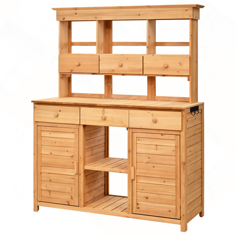 Table de rempotage de jardin de 167 cm de haut avec tablette, 6 tiroirs, armoires de rangement et crochets, marron, Brown