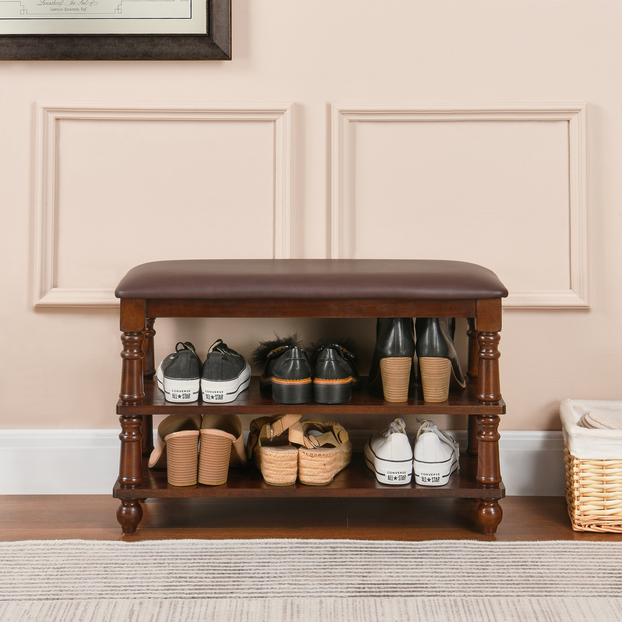 Vintage Wooden Entryway Bench with Cushion Seat, 2-Tier Shoe Storage Rack
