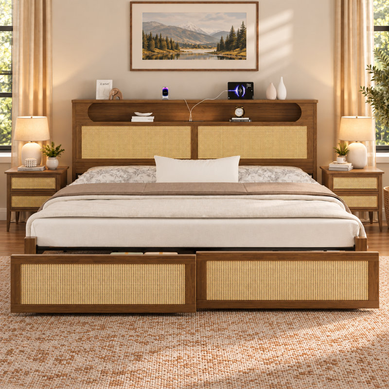 Structure de lit moderne en rotin avec rangement pour tête de lit et ports de chargement USB, Grand lit, Noyer foncé