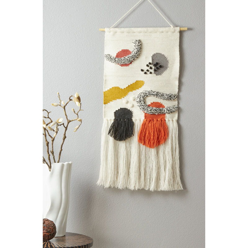 Abstract Multicolor Wool Woven Wall Hanging with Wooden Bar