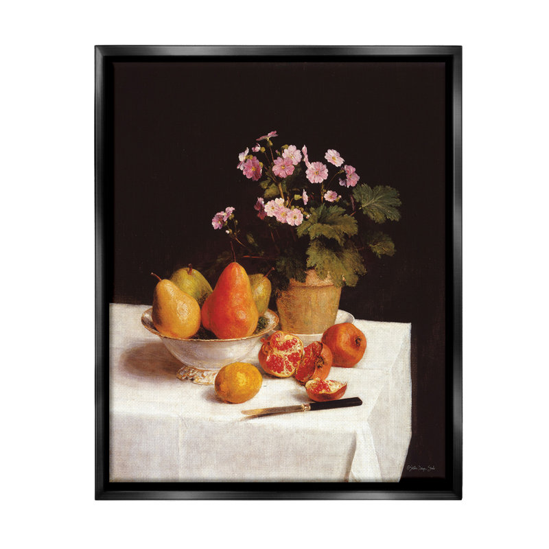 "Fruit and Bouquet Still Life" sur toile, Cadre flottant noir de jais, H 21 po x l 17 po