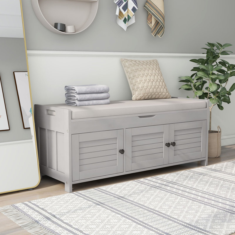 Banc de rangement avec 3 portes en forme de volet, banc à chaussures avec coussin amovible et espace de rangement caché