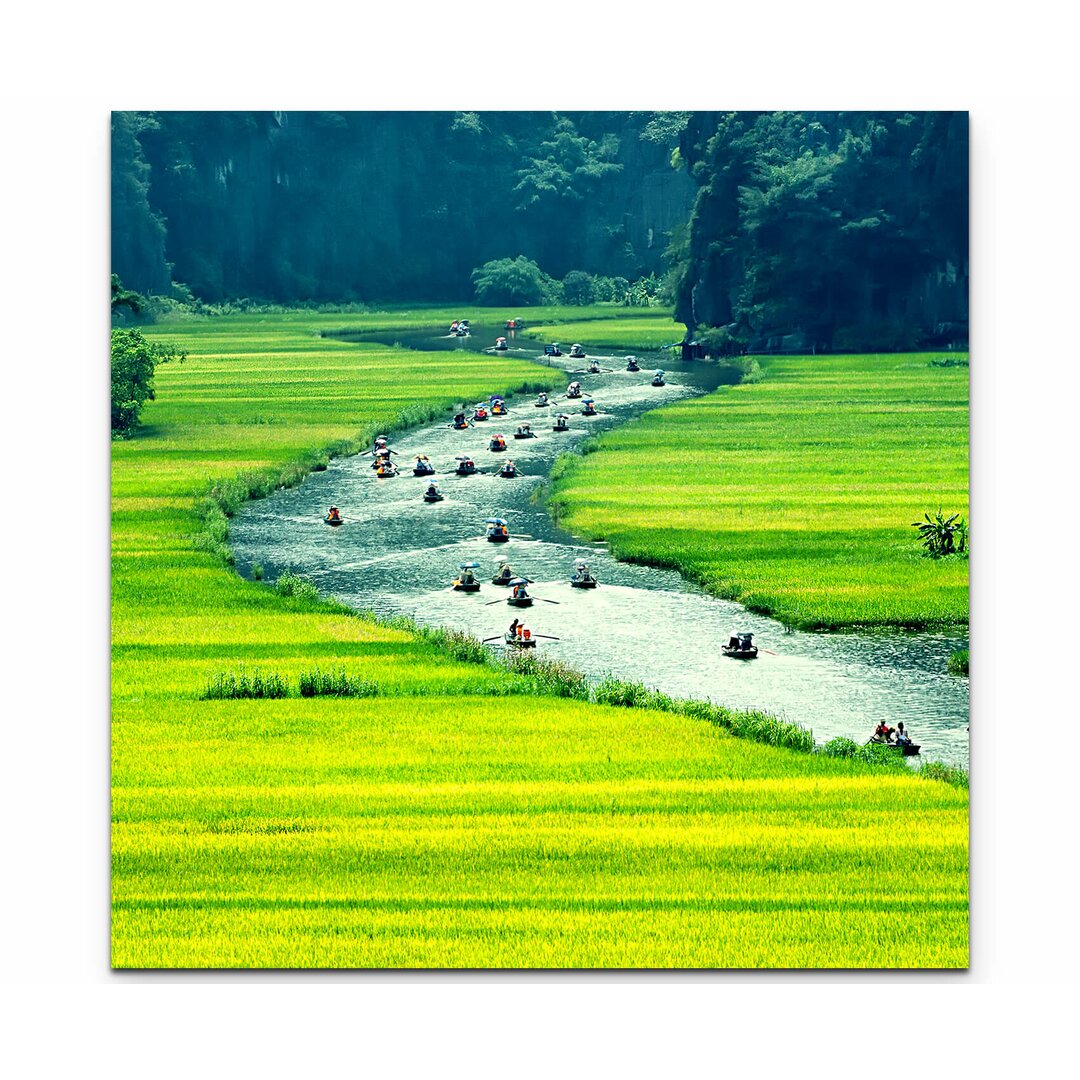 Leinwandbild Fluss Ninh Binh zwischen Reisfeldern – Vietnam