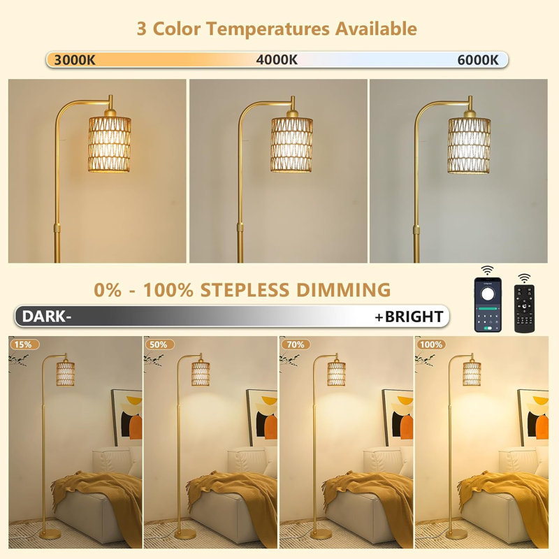 Lampe sur pied en rotin avec télécommande et ampoule à intensité variable Boho