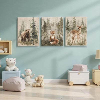 Woodland Animals Nursery Wall Decor, Nursery Wall Art, Watercolor Bear Fox Deer Painting Print Artwork For Boys Girls Kids Room, Wrapped Canvas, Ready To Hang, 12X16in, Set Of 3