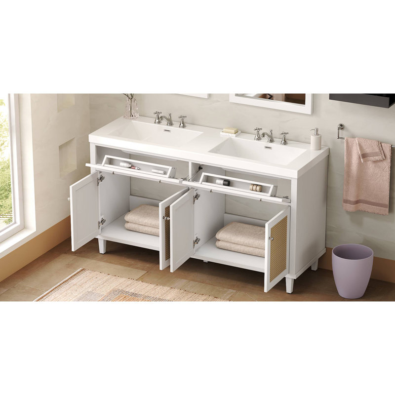 Meuble-lavabo de 60 pouces avec lavabo double (lavabo SMC), grand espace de rangement avec 2 plateaux basculants / tiroirs rabattables et 4 portes à fermeture douce, et boutons en métal argenté
