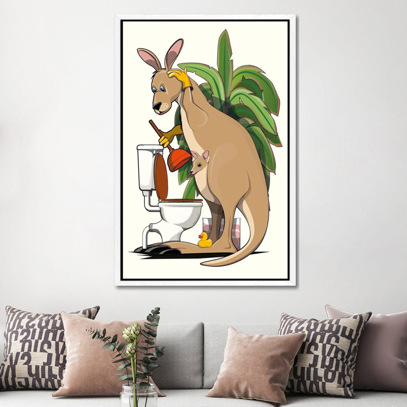 Kangaroo Cleaning The Toilet by WyattDesign - Gallery-Wrapped Canvas Giclée on Canvas, White Floated Frame