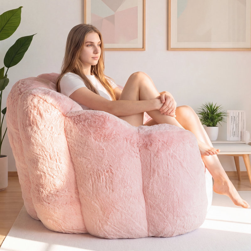 Floral Shaped Bean Bag Chair, Single, Pink Faux Fur