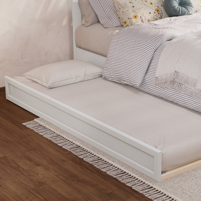 Lit plateforme en bois massif Lamareon avec pied de lit et lit gigogne, Simple TG, Blanc