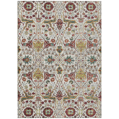 9' X 12' Ivory Red And Green Floral Washable Indoor Outdoor Area Rug