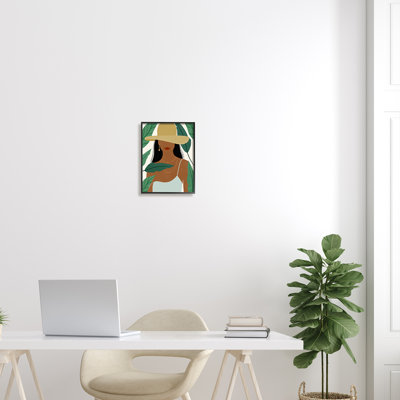 Stupell Industries Smiling Woman Wearing Sun Hat Drifting Leaves By Birch&ink - Floater Frame Graphic Art On Canvas In Midnight Black Framed Giclee