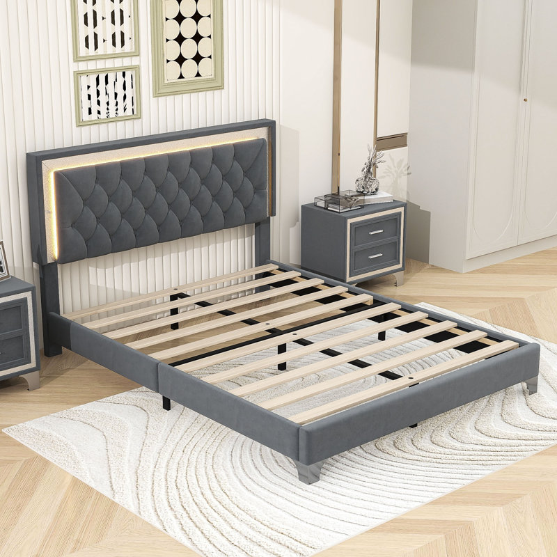 Grand lit tapissier avec lumières DEL Harsukh, gris