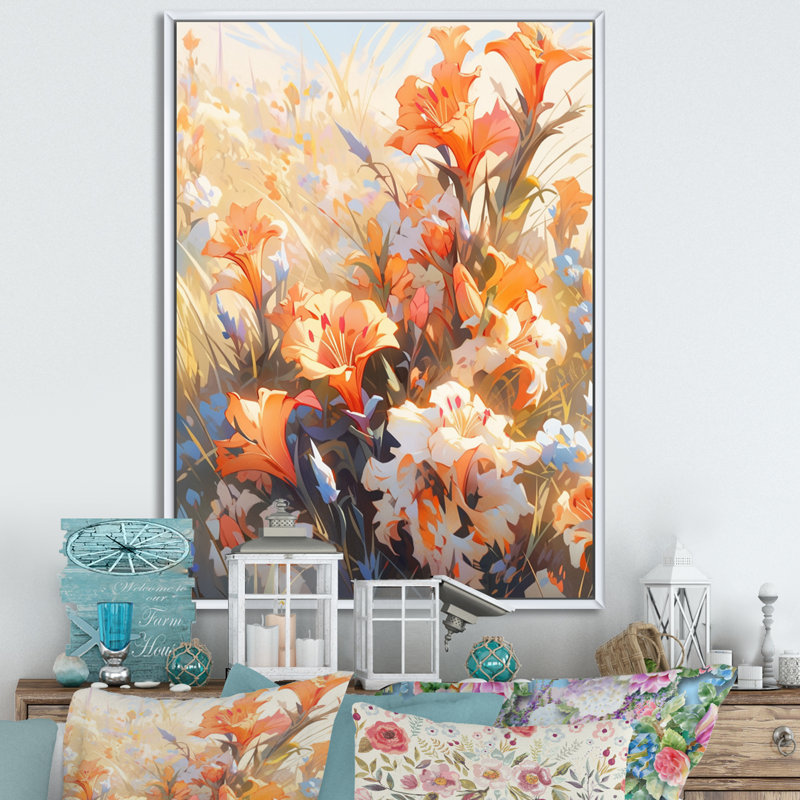 Corail blanc, coup de crayon, bouquet de fleurs sur toile, Cadre flottant blanc, H 32 po x l 24 po x P 1 po