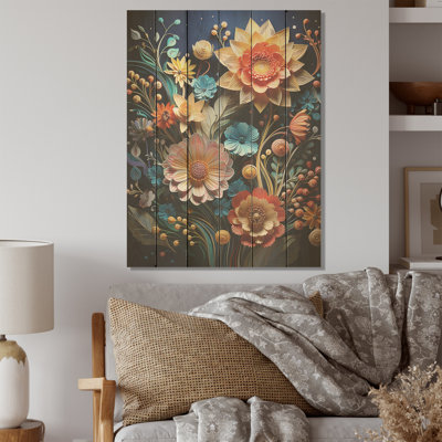 Papier coloré botanique I - Fleurs, art sur bois de pin naturel