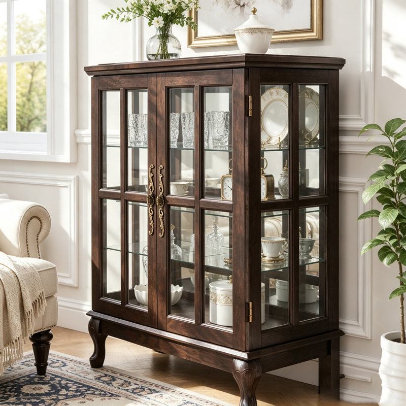 Vitrine lumineuse avec portes en verre quadrillé et bande à DEL RVB, Cerisier