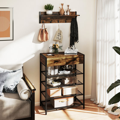 5-Tier Shoe Rack w/ Wall-Mounted Coat Rack Hooks Drawers & Shelves for Bedroom