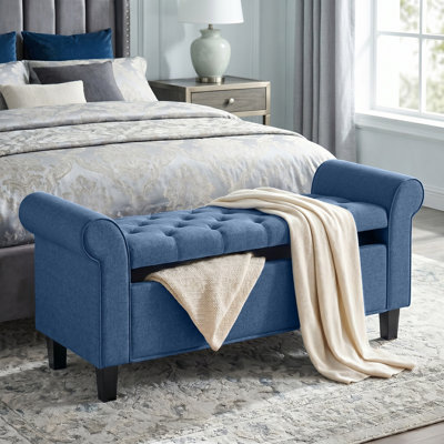 Banc ottoman de rangement de 119 cm, long pouf capitonné avec coffre de rangement, accoudoirs arrondis, charnière de sécurité, pieds en bois, banc de bout de lit rembourré