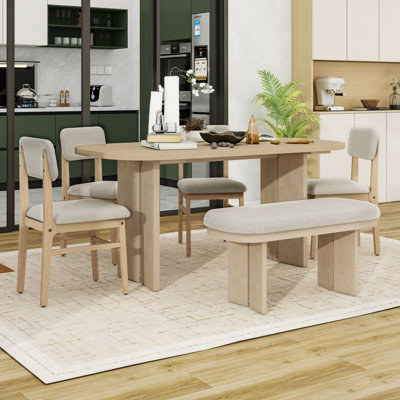 Modern Farmhouse Dining Set with wood Table and Chairs and Upholstered Bench