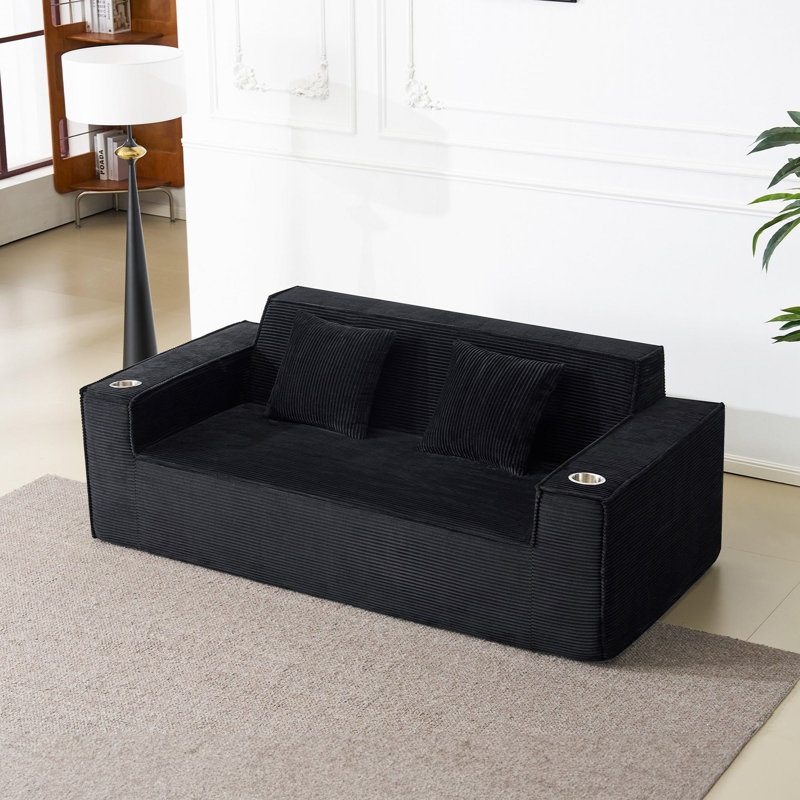 Canapé en velours côtelé 76 po avec porte-gobelets 76 po, Noir